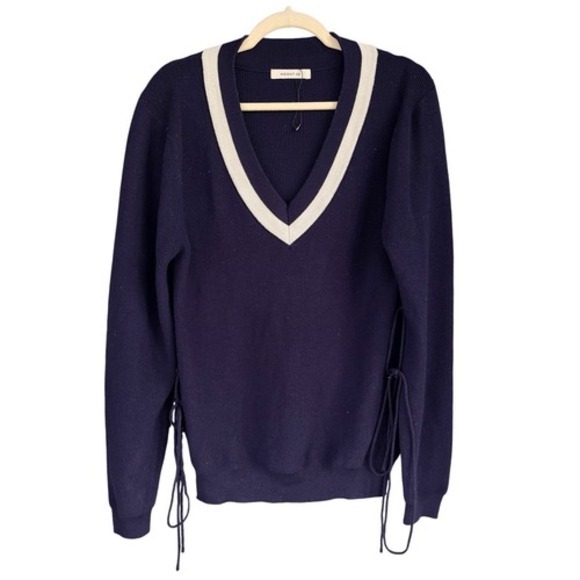 moontan Sweaters - B6 Moontan Oversized Varsity V-Neck Sweater Black‎ White Merino Wool Blend Korea